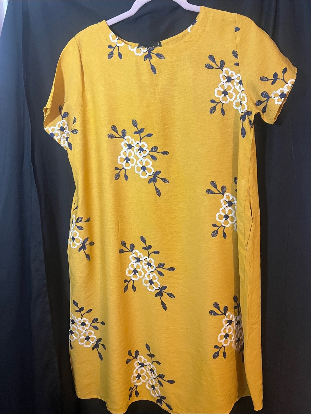 Mustard Floral Midi Dress with Short Sleeves